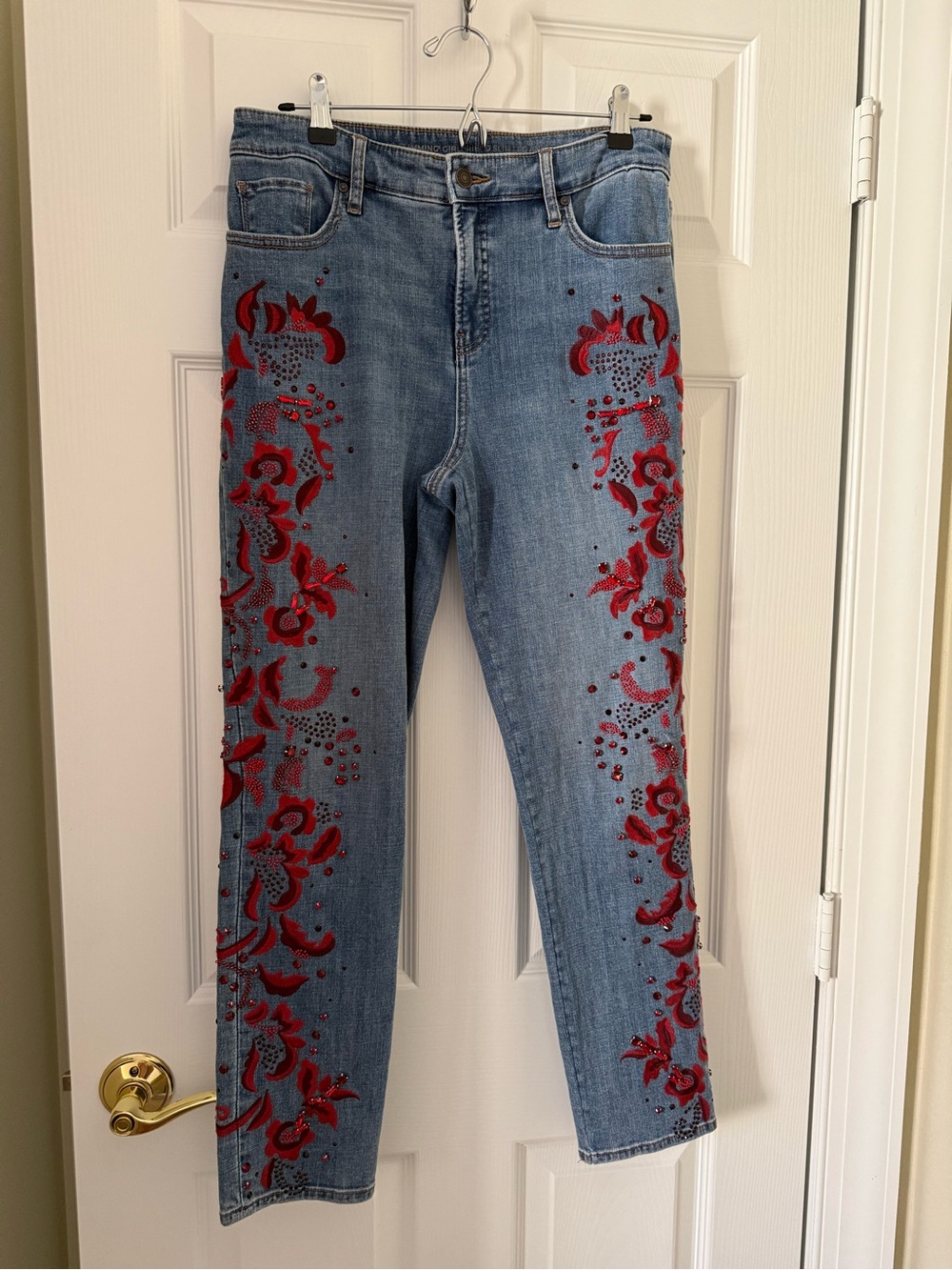 Chico's Light Blue Straight-Leg Jeans with Red Floral Embroidery